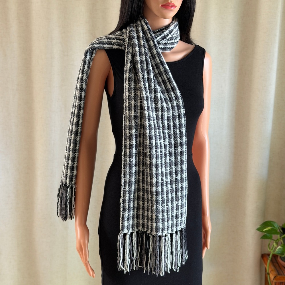 Woven Plaid Fringed Scarf Black White Grey Knit Winter Wrap Dark Academia Cozy